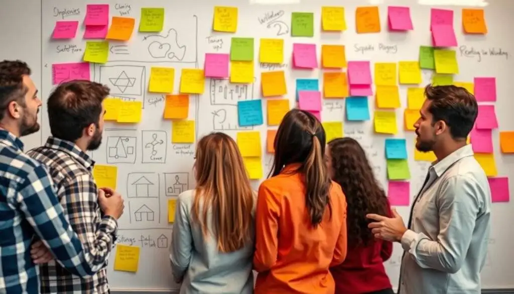 Generate an image of a digital whiteboard with various sticky notes, diagrams, and team members collaborating in the background.
