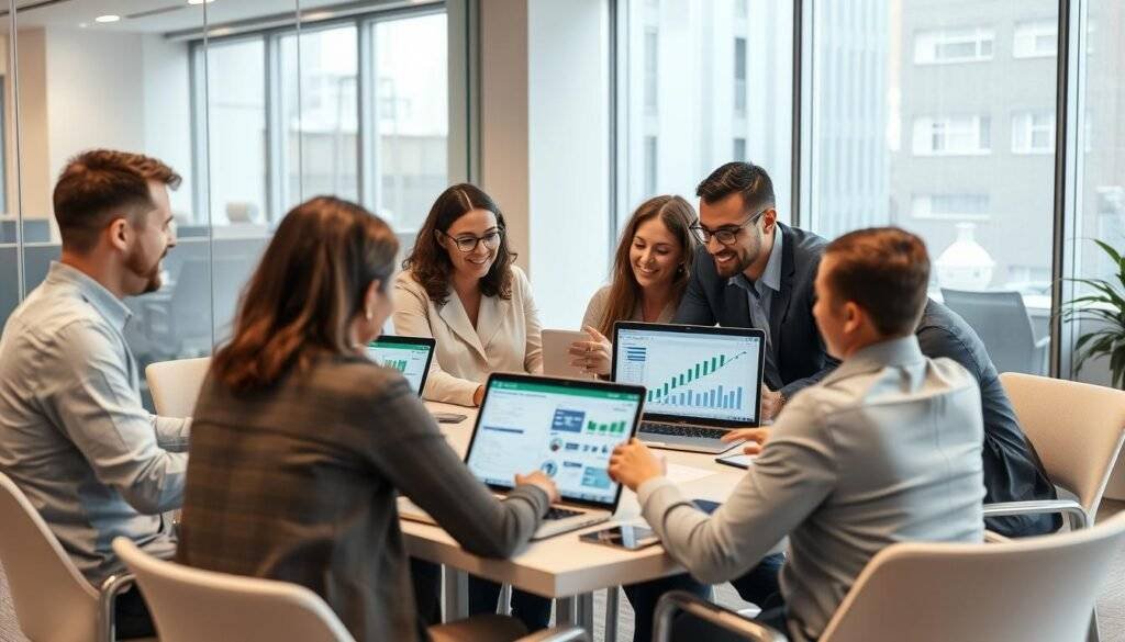Generate an image of a finance team using Excelly-AI on their laptops during a meeting