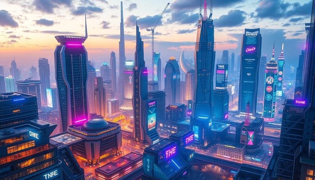 Generate an image of a futuristic cityscape with ControlNet
