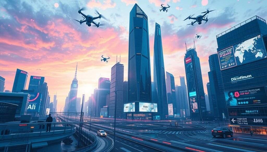 Generate an image of a futuristic cityscape with advanced AI infrastructure