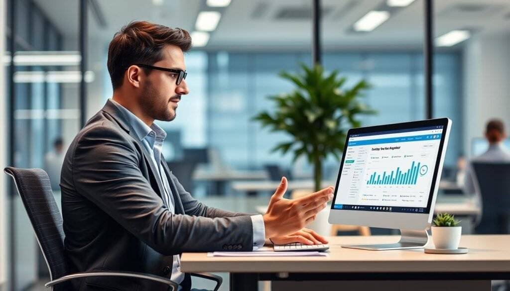 Generate an image of a manager using EmpMonitor for employee engagement and productivity tracking