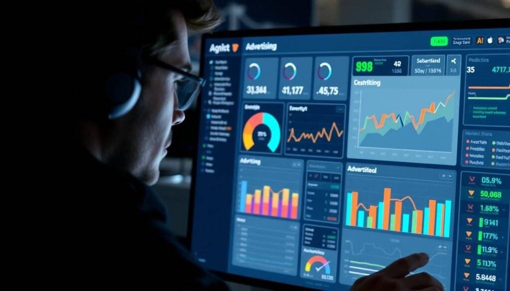 Generate an image of a marketer analyzing ad performance on a dashboard with predictive scores.