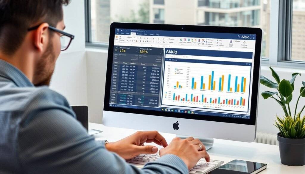 Generate an image of a marketer using Akkio to analyze campaign performance data in Excel.