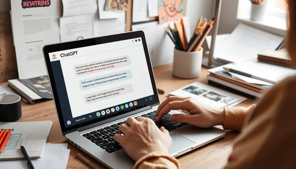 Generate an image of a marketer using ChatGPT to generate ad copy.