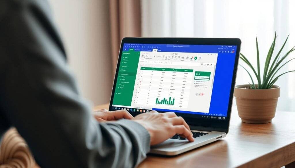 Generate an image of a person using AI Excel Bot on a laptop with a friendly interface on the screen.