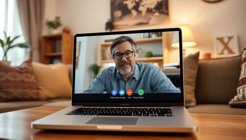 Generate an image of a person using Zoom on a laptop