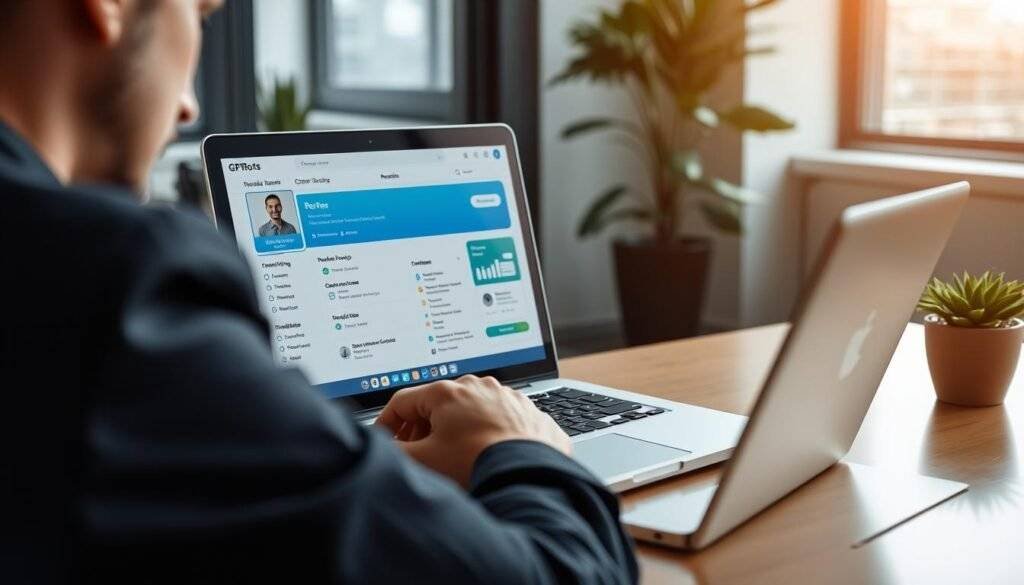 Generate an image of a professional using a laptop with GPTBots AI resume tool interface on the screen.