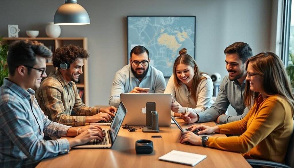 Generate an image of a remote team using WorkStatus for time tracking and geolocation