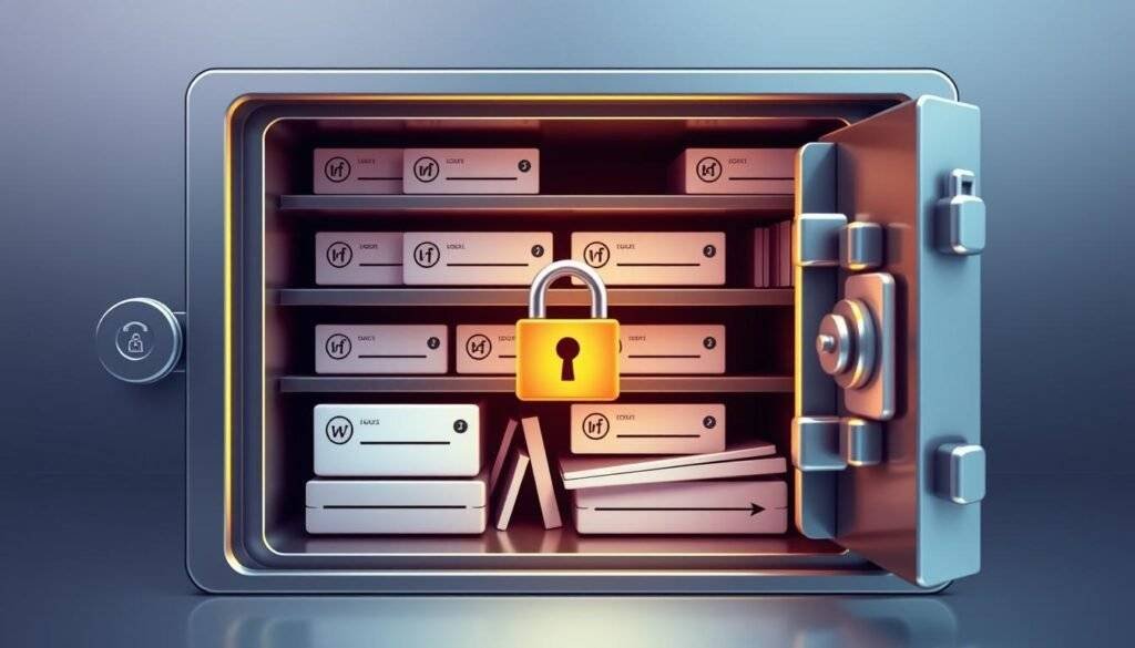 Generate an image of a secure password vault with multiple login credentials stored and easily accessible.