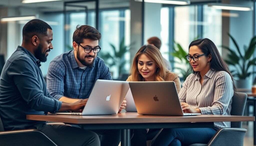 Generate an image of a team using Jira on their laptops to manage a complex software development project.