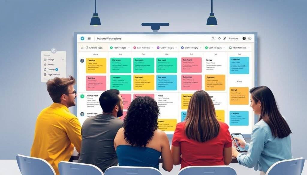 Generate an image of a team using Monday.com to manage a marketing campaign, with a visual board displaying different tasks and progress.