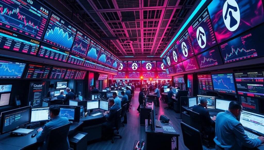 Generate an image of a trading floor with AI-powered algorithmic trading systems in action.