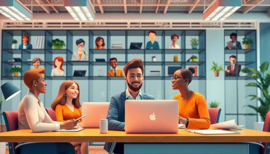 Generate an image of a virtual office space with avatars of team members interacting, having conversations, and working together.