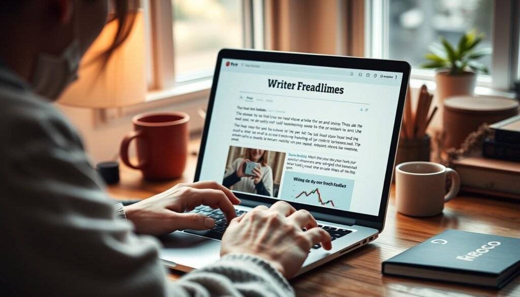 Generate an image of a writer using Rytr to craft compelling headlines.