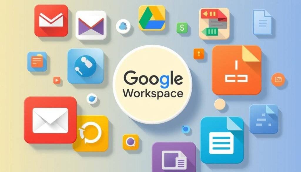 Generate an image of the Google Workspace logo with various applications like Gmail, Drive, and Docs surrounding it.