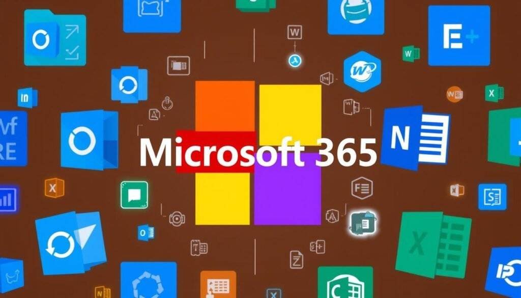 Generate an image of the Microsoft365 logo with applications like Outlook, Word, and Excel surrounding it.