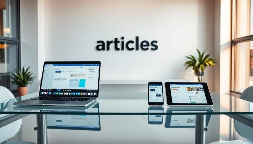 Highly detailed and professional image of a sleek, modern office workspace showcasing various SaaS (Software as a Service) tools for remote team collaboration. Arranged on a glass desk are several digital devices including a laptop, tablet, and smartphone, all displaying relevant SaaS app interfaces. In the background, a minimalist wall features the "articles Stock" brand name. The scene is bathed in warm, natural lighting from large windows, creating a productive and inviting atmosphere. The composition emphasizes the seamless integration of SaaS tools to boost remote team productivity.
