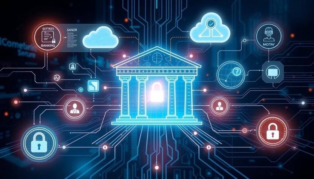 Image generation prompt for machine learning fraud detection in banking: A futuristic banking system with AI-powered fraud detection, highlighting real-time transaction monitoring and anomaly detection.