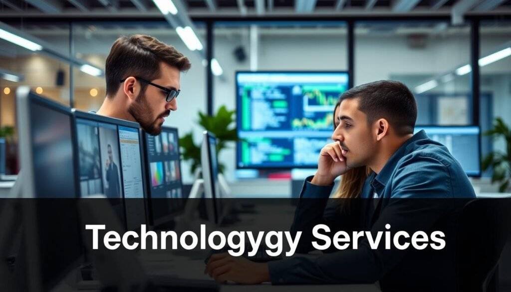 Image of a tech company employee working on a project with a caption "Technology Services"