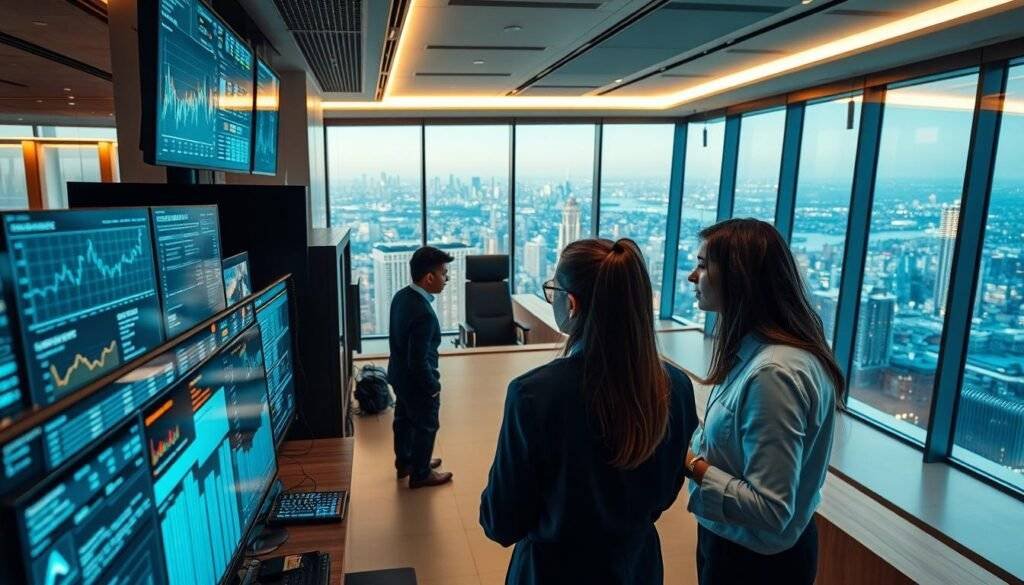 a professional, highly detailed photo of machine learning being used in a banking setting. a modern, well-lit bank interior with sophisticated technology and data analytics visualizations. in the foreground, a group of bank employees intently examining data on multiple high-resolution displays. in the middle ground, a large server rack and sophisticated computing hardware. in the background, an expansive view of the cityscape outside the bank's windows, hinting at the global scale of the financial industry. the lighting is a warm, ambient glow that creates a sense of productivity and innovation. the overall mood is one of cutting-edge technology, complex financial modeling, and data-driven decision making. articles Stock