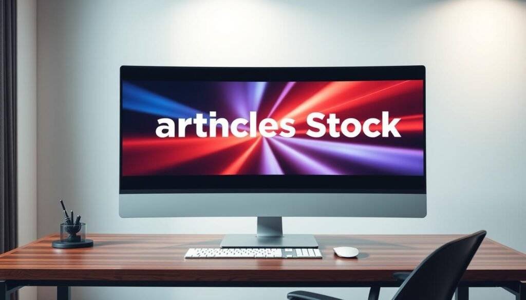 a professional, sleek, and modern desktop workspace with a large, high-resolution display showing the "articles Stock" brand name. The display features an AI-generated image of a Facebook ad copy, showcasing a visually striking and attention-grabbing design. The workspace is well-lit, with soft, diffused lighting creating a comfortable and productive atmosphere. The desk is made of a high-quality, dark-stained wood, and the chair is ergonomic and stylish. In the background, there is a clean, minimalist wall with a subtle pattern or texture, adding depth and visual interest to the scene. The overall composition conveys a sense of efficiency, creativity, and the power of AI-driven marketing solutions.