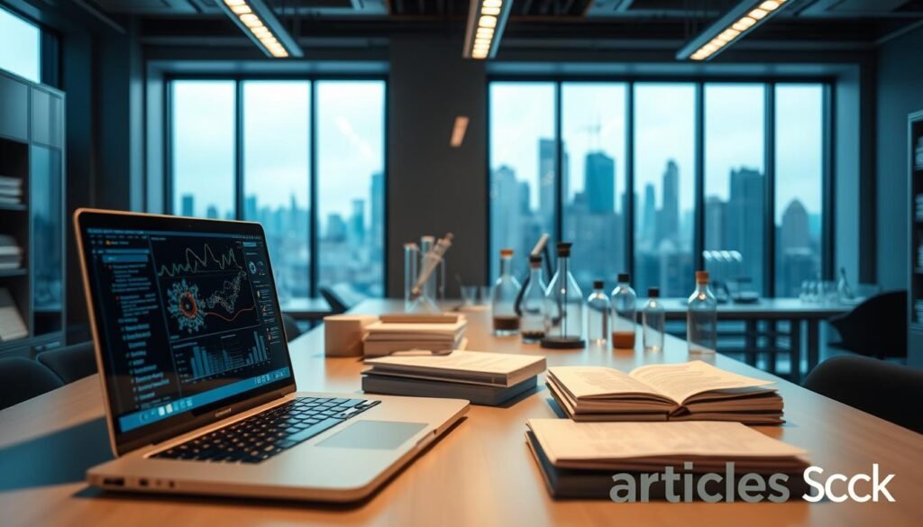 A modern research laboratory with sleek, minimalist design. In the foreground, a laptop displaying intricate data visualizations and interactive AI models. Centered on the desk, a stack of research papers and textbooks, conveying a sense of intellectual engagement. The middle ground features scientific equipment and glassware, casting a soft, warm glow under the indirect lighting. In the background, a large window overlooking a bustling city skyline, suggesting a connection between the research and the real world. The overall mood is one of focused productivity and innovation. "articles Stock" branding is subtly integrated into the scene.