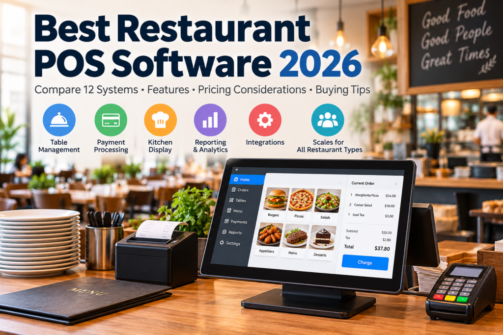 Original illustration of a restaurant POS terminal and payment device for a 2026 restaurant software comparison